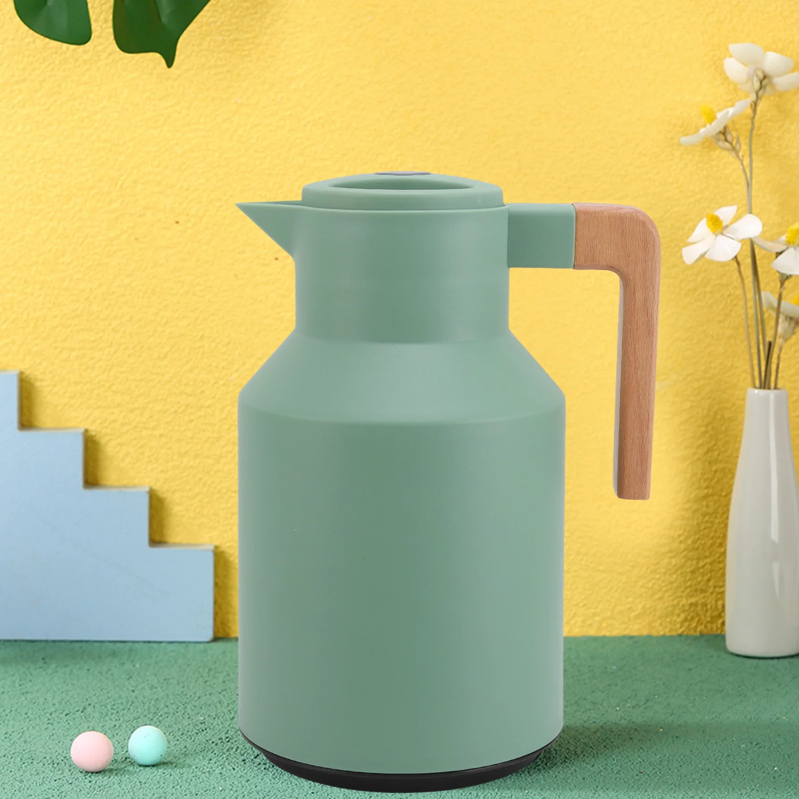 

1L Large Capacity Coffee Carafe Portable European Style Beech Wood Handle 12h Thermal Insulation Kettle Coffee Pot Green