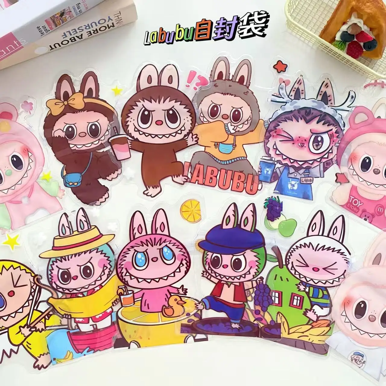 

10Pcs Kawaii Cartoon Labubu Self Sealing Bags Candy Cookie Snack Packaging Bag Cute Self-adhesive Bag Small Items Storage Pouch