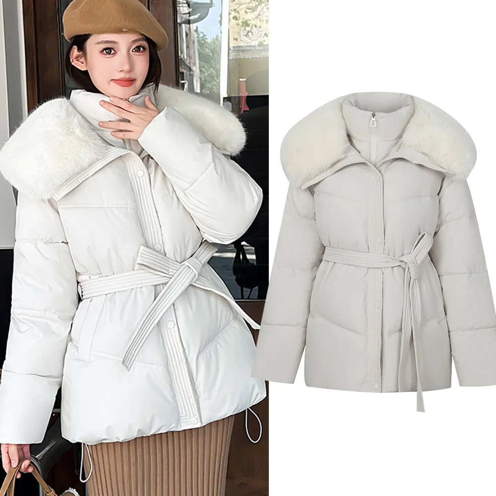 -15degrees Women Winter Faux 2pes Parka Jacket Solid Mid-Length Padded Coat with Belt Long Sleeve Slim Warm Streetwear Outerwear