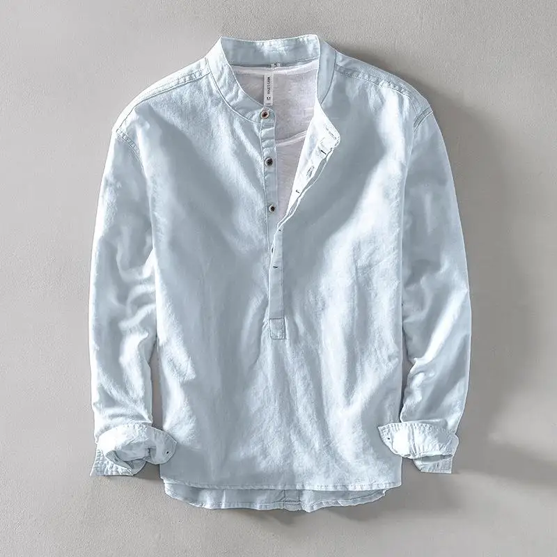 

Cotton Linen Mens Stand Collar Pullover irt Comfortable Breathable Retro Sle Long Sve Casual Top for Men