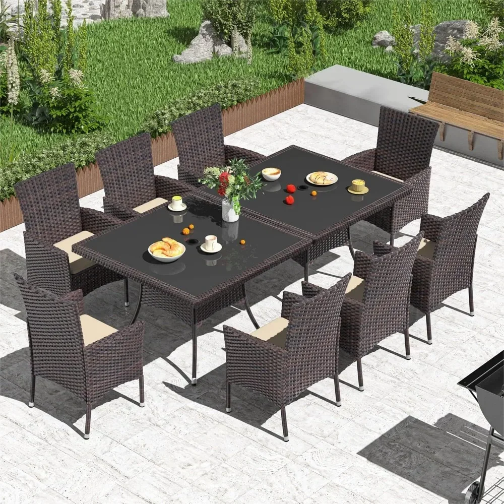 

10-Piece Outdoor Dining Set,Square Tempered Glass Tabletop with Umbrella Hole and 8 Chair Set, Wicker Rattan Patio Dining Table