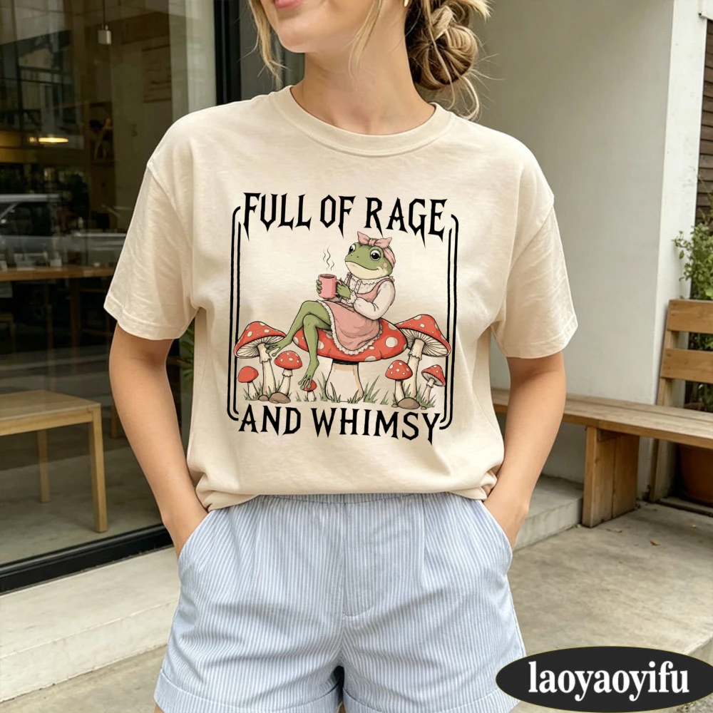 Full of Rage and Whimsy Cottagecore Frog Mushroom Graphic T Shirt Gothic Whimsical Casual Tops Cottagecore Aesthetic T Shirt