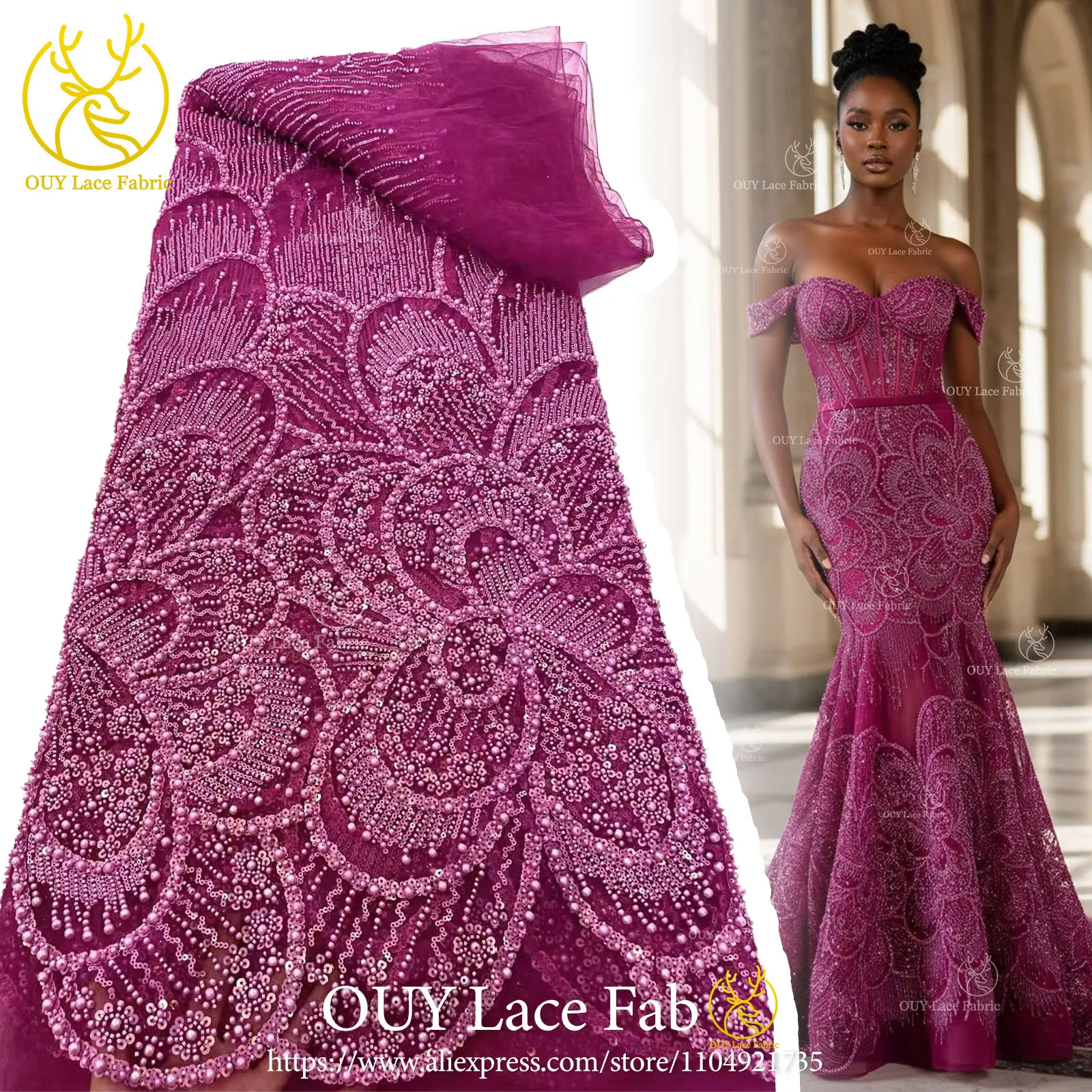 

2026 Hot-Selling African Beaded Sheer Fabric French-Style Nigerian Beaded Sequined Lace Fabric Suitable for Wedding Dresses and