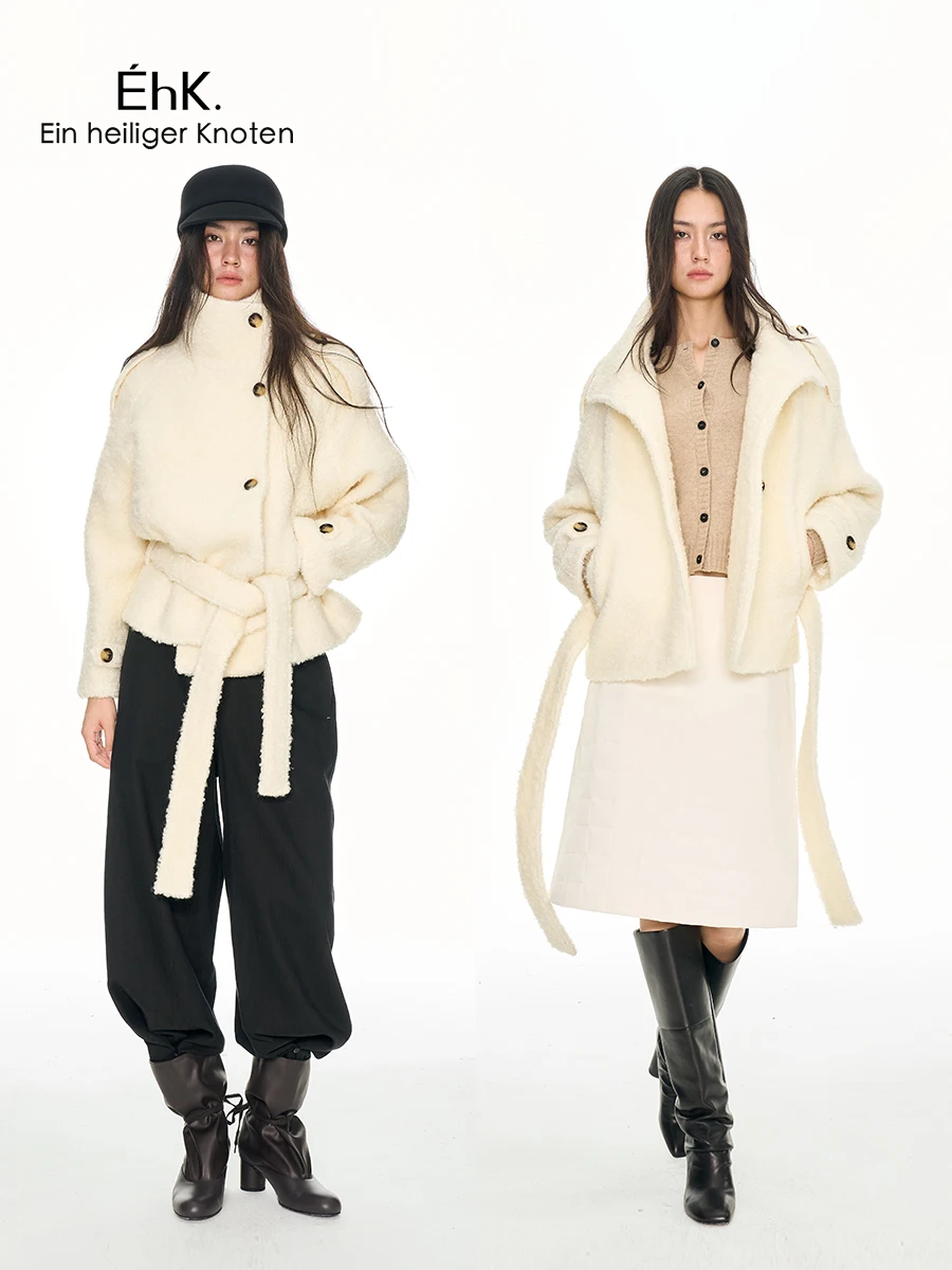

EhK Autumn Winter Woolen ort Coat Loose ape Waist Belt Outerwear Cleanfit Sle Thiened Youth Fem Faion