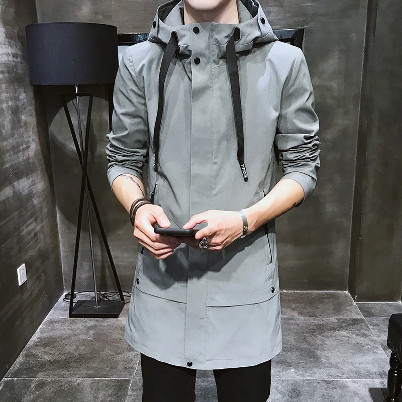 Men's Mid-Length Hooded Pure Color Faion Casual Jaet Korean Sle Slim Fit Spring Autumn Men's Clothing Fce-Lined Wind...