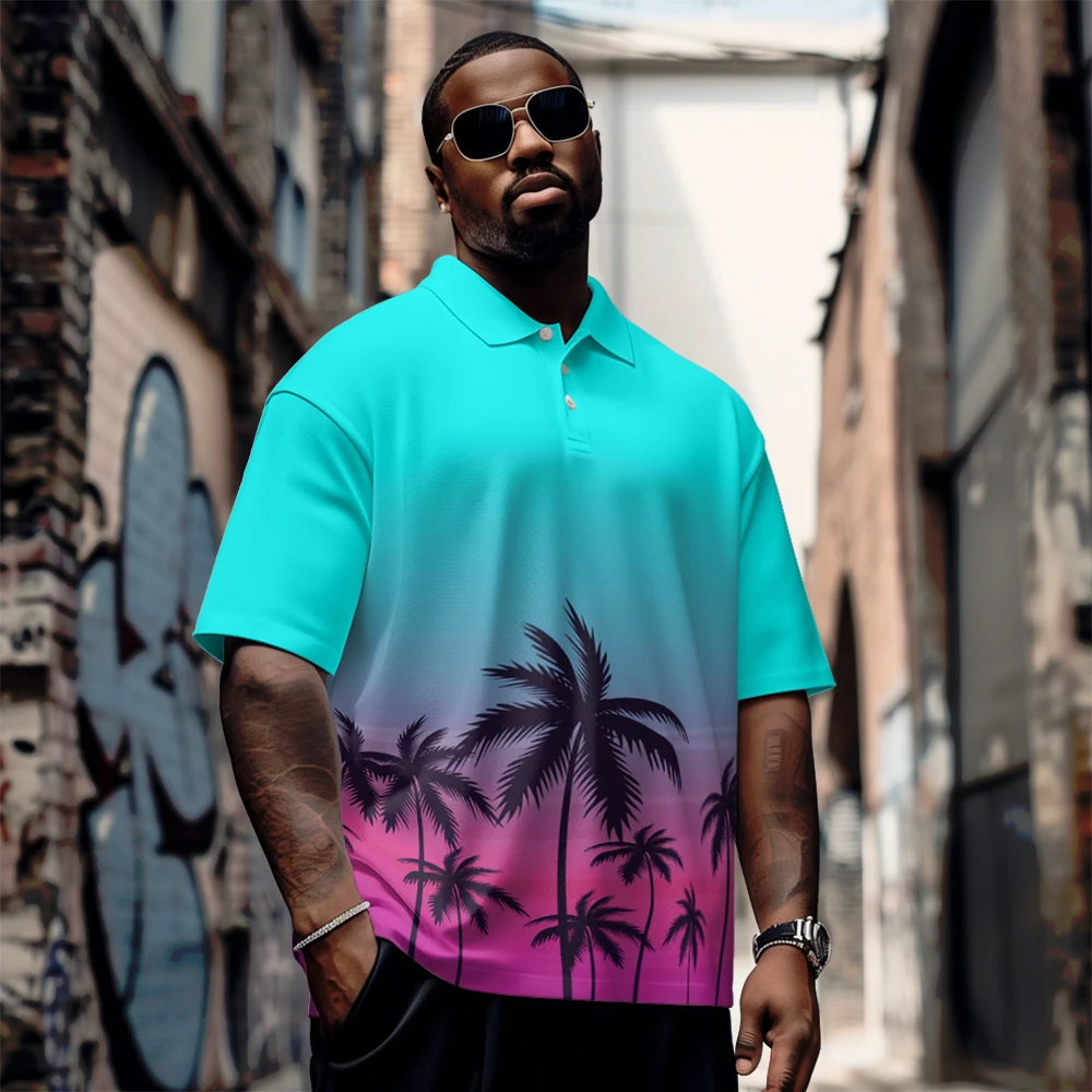 

Summer model men shirt Graduated coconut color printed short sleeved polo shirt Large men's summer short sleeved lapel