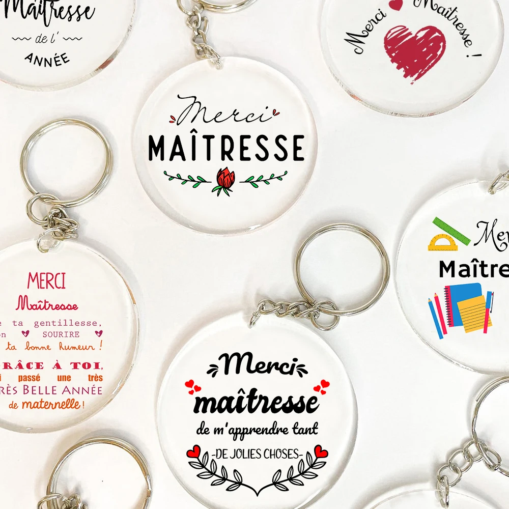 Merci Maitresse French Letter Word Teacher's Day Gift Acrylic Keychain Super Maitresse Keyring Teacher's Day Gift