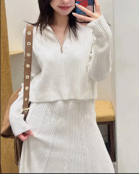 2025 feminino elegante terno de duas peças com zíper em torno do pescoço manga comprida cardigan ou saia midi