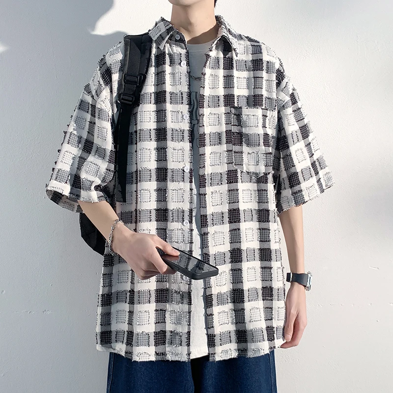 

Men's Plaid irt ort Sve Loose Fit Thin Summer Outerwear f Sve Button up Casual irt Youth Faion Summer 2023