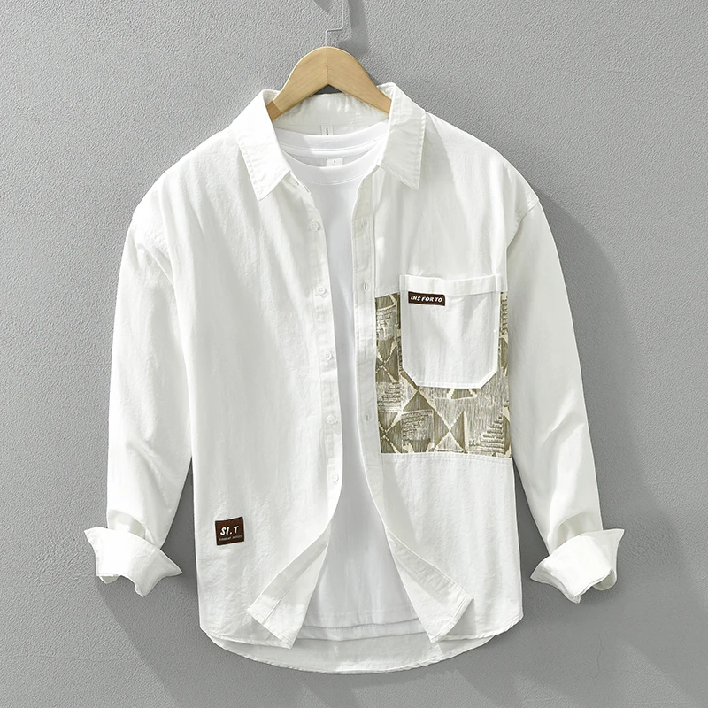 

Pocket Patchwork Shirt for Men New Loose Cotton Casual Long Sleeve Shirt Men's Clothing