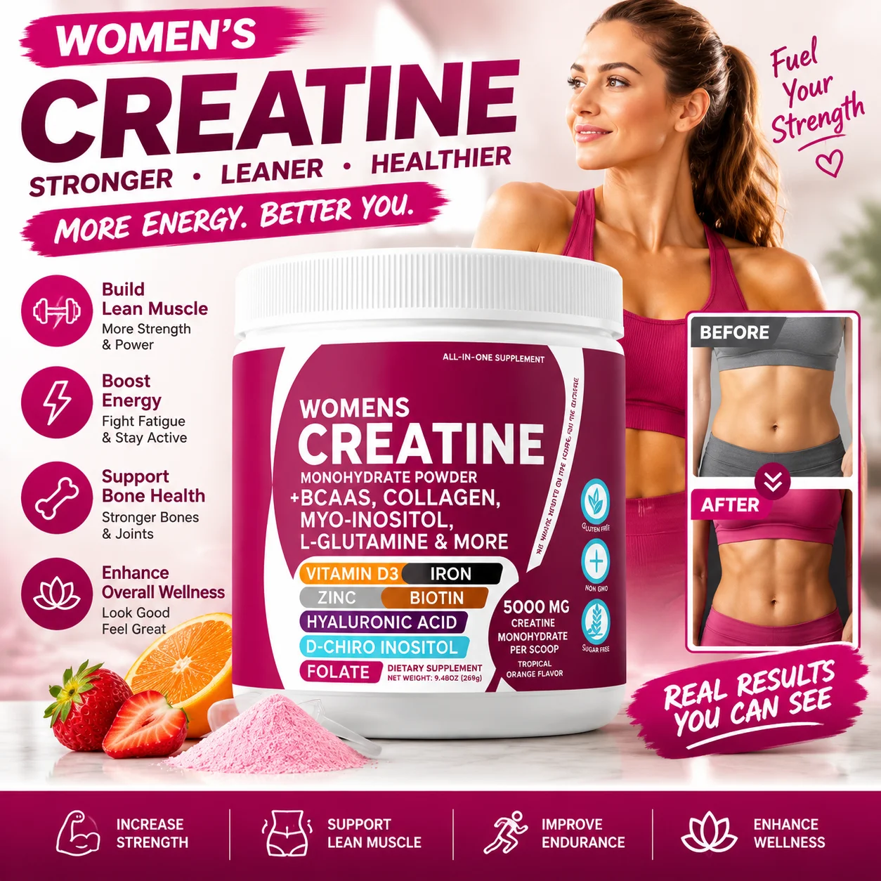 Women Workout Creatine Monohydrate Powder Collagen Myo-Inositol BCAA Blend for Muscle Recovery Skin Hydration Elasticity 269g