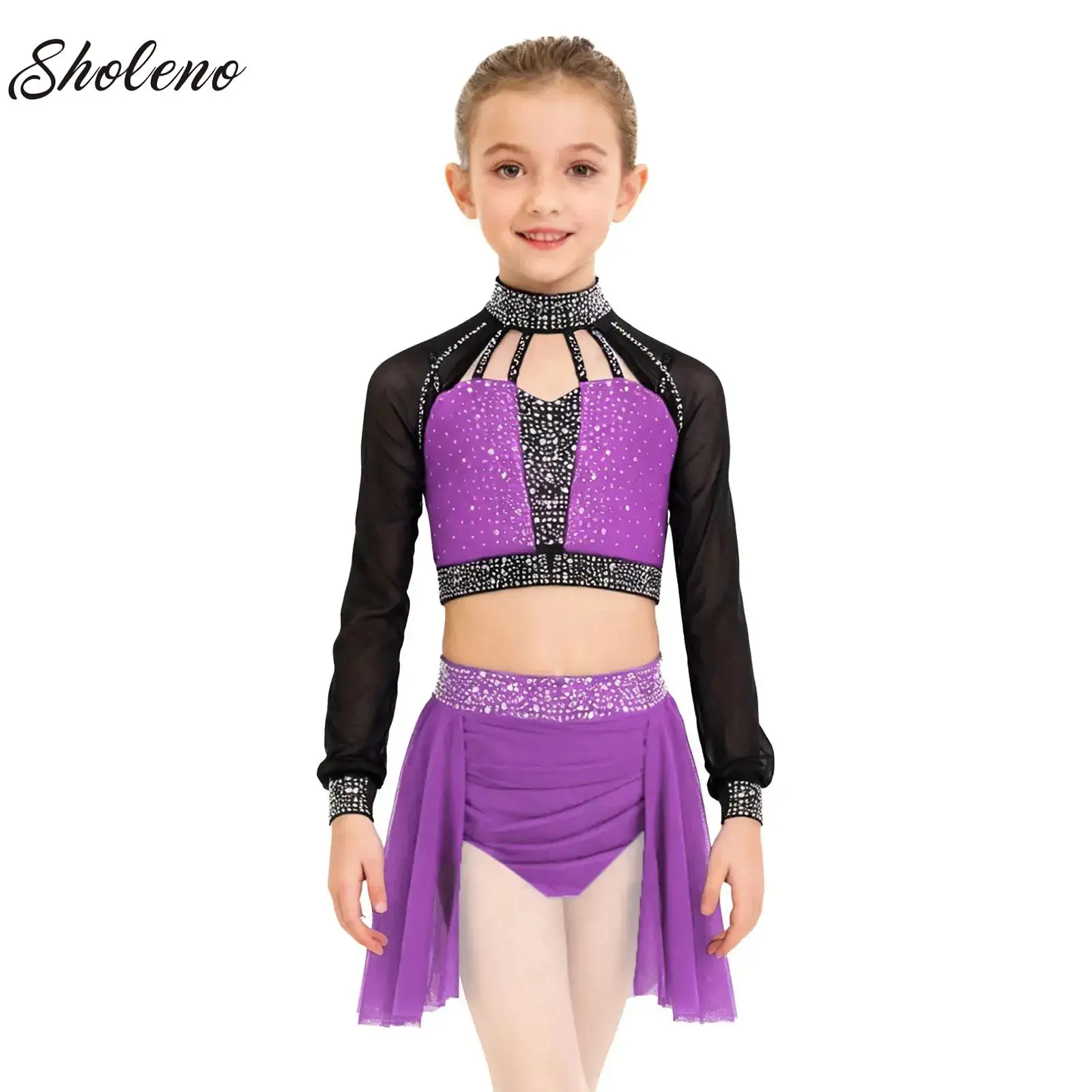 

Girls Glitter Dance Set Shiny Rhinestone Long Sleeve Crop Top Ballet Ballroom Performance Costume Latin Jazz Cheerleading Skirts