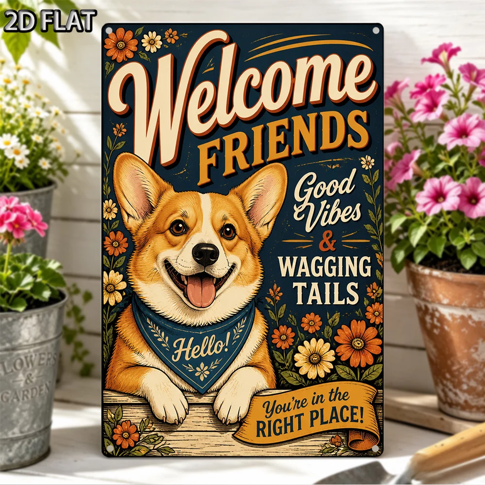 2D Flat Retro Typography Rectangular Aluminum Plaque, Good Vibes Retro Style Metal Wall Sign, Corgi with Wagging Tails Vintage