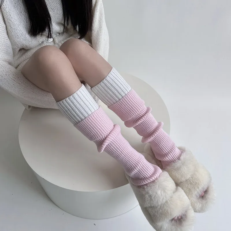 

Autumn/Winter Retro American Color Contrast Splicing Knitted Leg Warmers Stacking Calf Cover Women Warmth Fake Two Fitness Socks