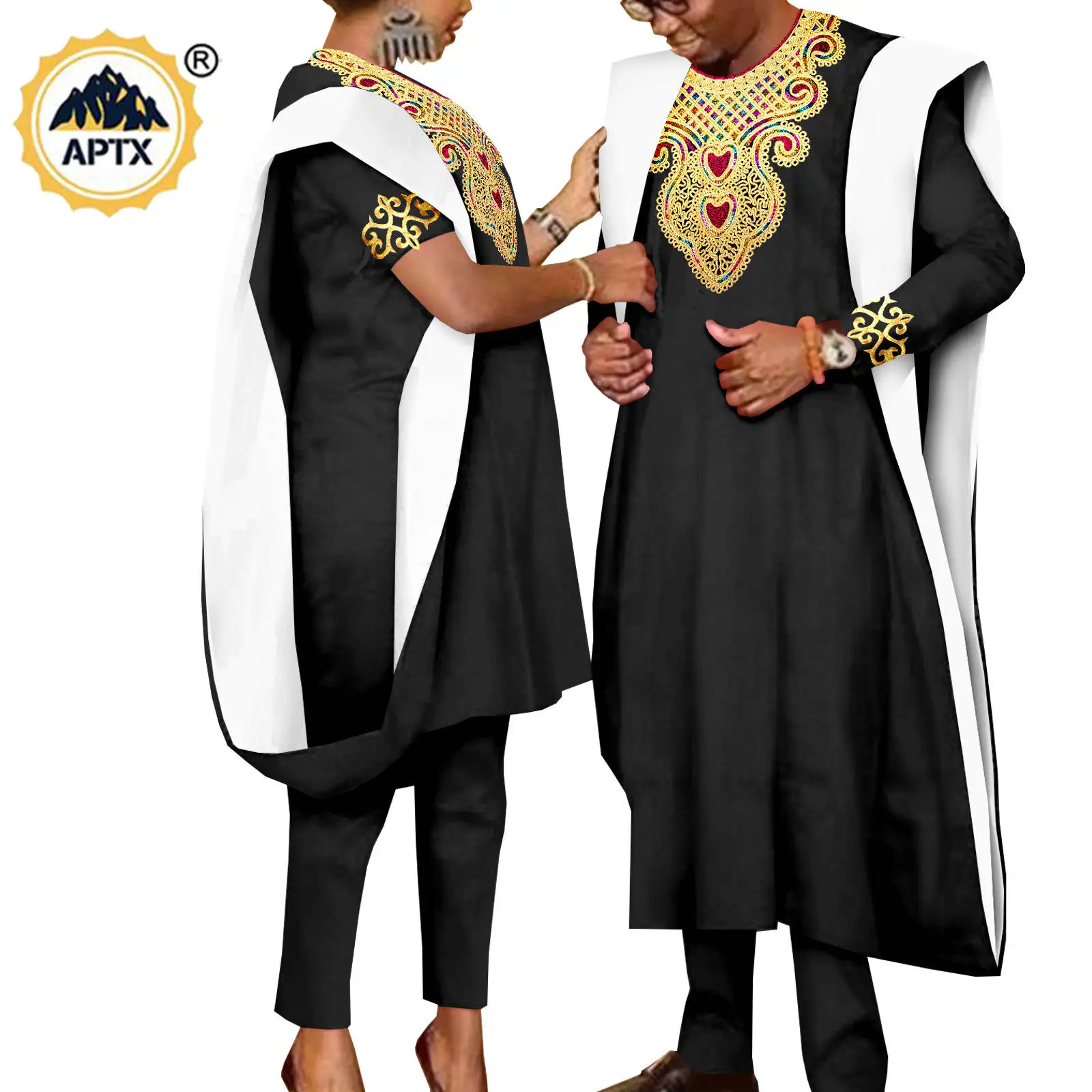 African 3 Pieces Suit for Men Matching Couple Outfits Agbada Dashiki Women Muslim Sets Bazin Riche Applique Robes Asoebi Y23C029