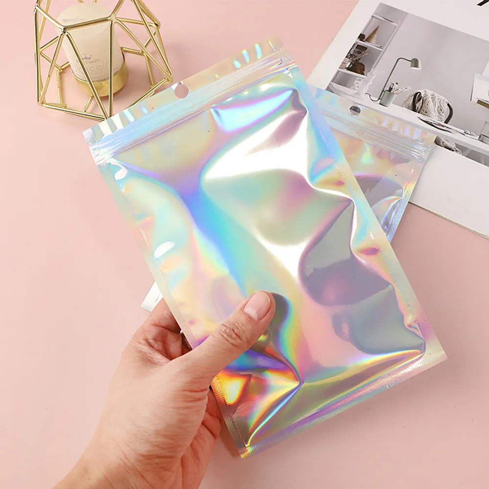 100pcs Laser Aluminum Foil Zip-lock Bags with Clear Front - Holographic Colored Zipper Reseal Pouch for Jewelry and Accessories