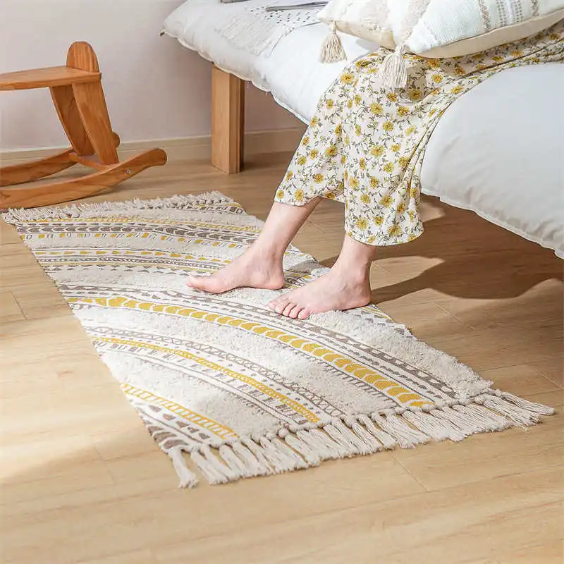 Pastoral Fresh Cotton Linen Entrance Mat Bohemian Geometric Tassels Area Rugs Bedroom Decor Carpets 60x90cm