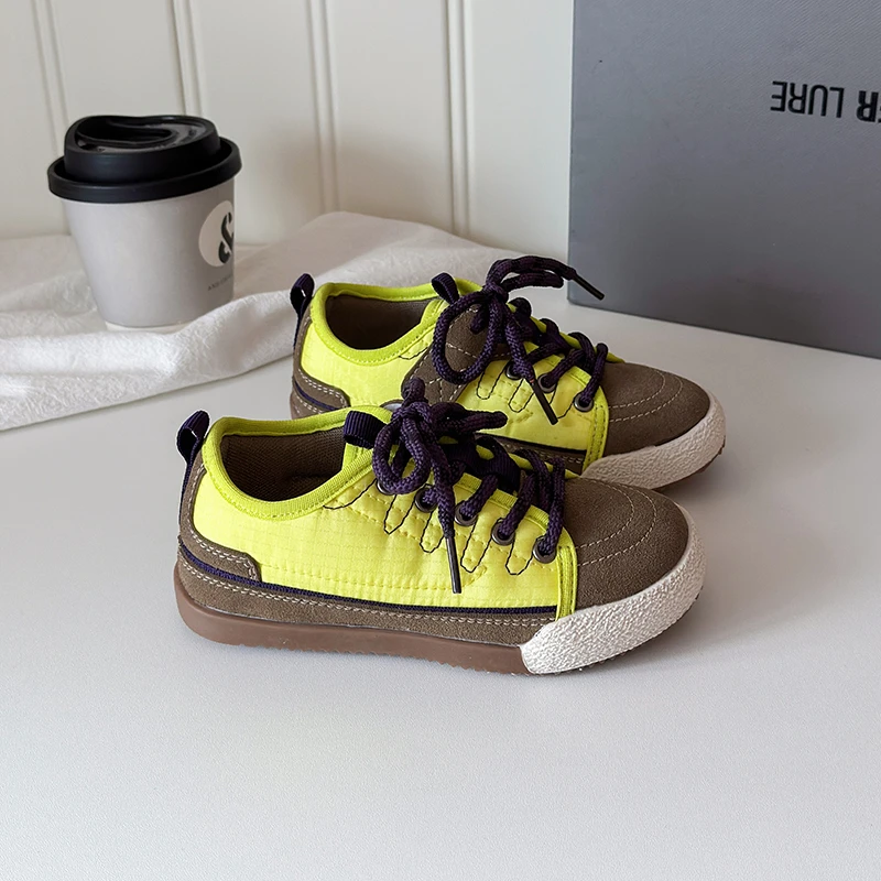 Kids Canvas Sneakers Soft Sole Breathable Lace-Up Retro Block Casual Shoes for Boys Girls School Playground Children's Shoes