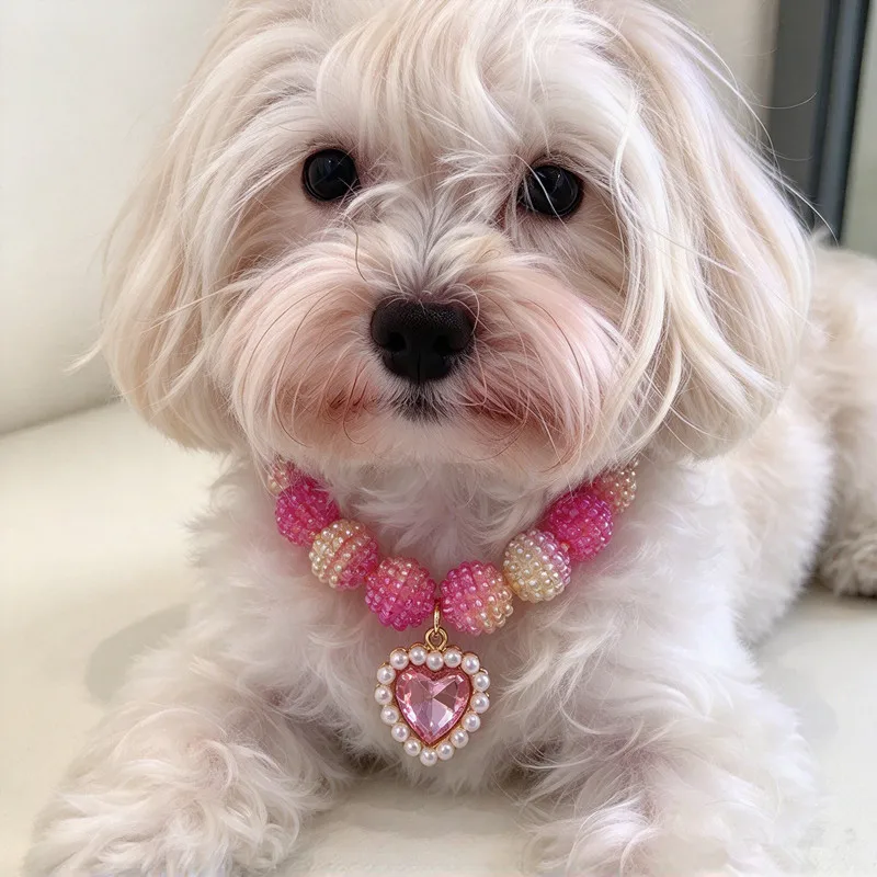 Bumpy Bead Pet Collar Necklace, Sparkly Heart Gem Pendant, Adjustable Extension Chain, Lovely Photo Prop for Small Long Fur Pets