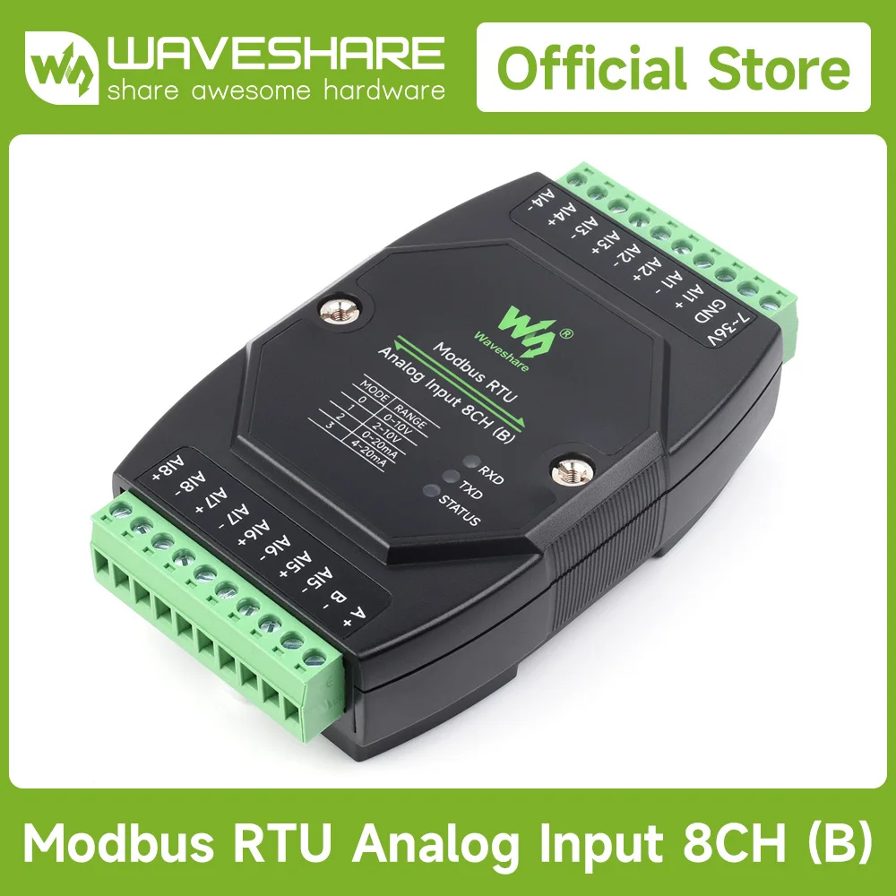 Waveshare Industrial Modbus RTU Analog Input 8CH, Modbus RTU, 12-bit High-precision, Supports Voltage And Current Acquisition