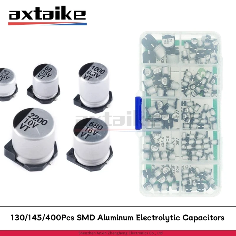 

130/145/400Pcs Multiple Models SMD Aluminum Electrolytic Capacitors Assortment Kit SMT 10V 16V 25V 50V 1uF 4.7uF 10uF 22uF 100uF