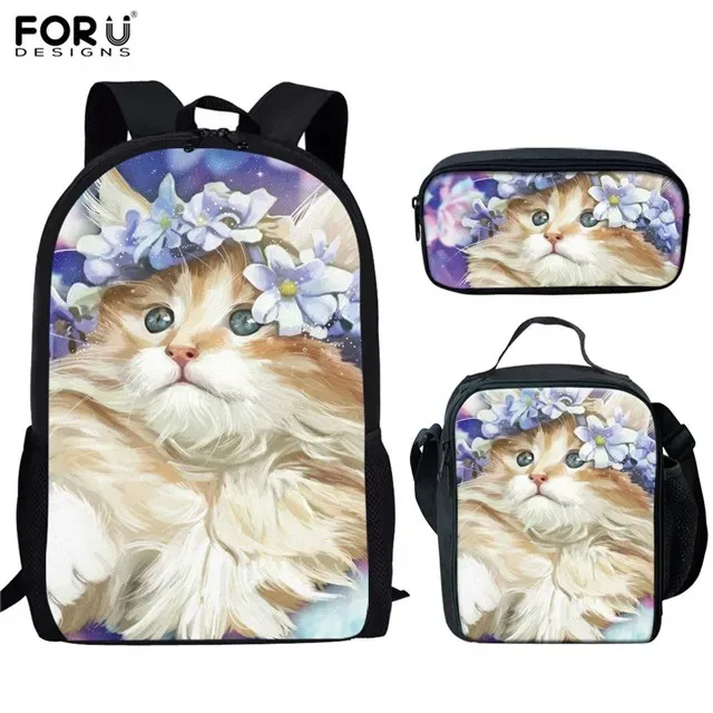 Mochilas escolares para estudiantes con patrón de gato 3D, mochila para portátil o portátil, bolsa de almuerzo, estuche para lápices, Harajuku Popular, nuevo, 3 piezas