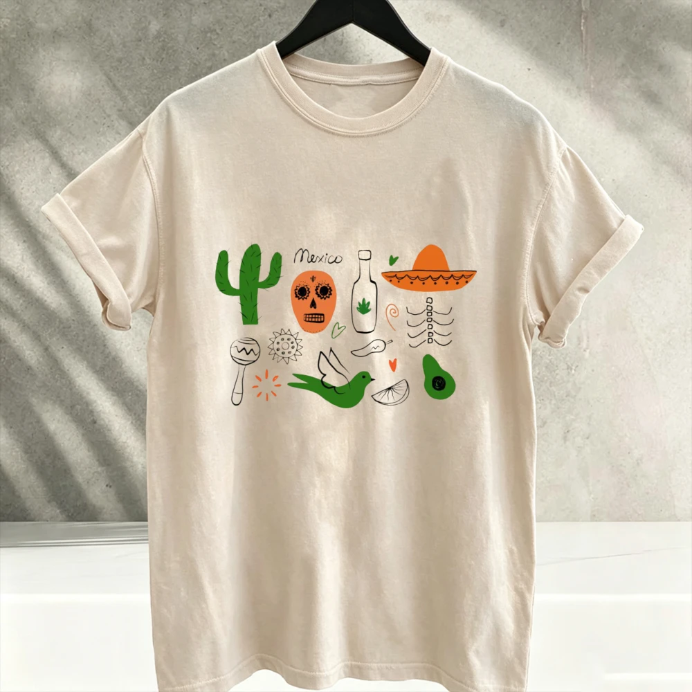 Mexico Culture Doodle Graphic T‑Shirt Men Cactus Sugar Skull Sombrero Avocado Print Tee Casual Crew Neck Short Sleeve Tops Gift