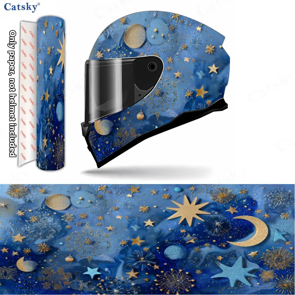 

Starry Dream Blue-Gold Helmet Vinyl Wraps, Waterproof Scratch-Resistant Full Face Helmet Decals, Durable PVC Decoration Protecti