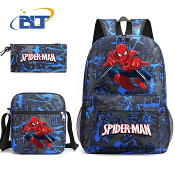 MINISO Spider-Man Bedrucktes Schüler-Schultaschen-Set, Kinder-Umhängetasche, Rucksack, Bleistiftbeutel, dreiteiliges Set