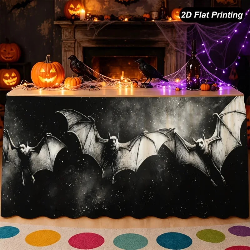 【】 1pc Halloween table skirt, with bats flying over a dark background adorned with stars, yzb