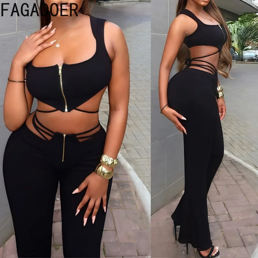 

FAGADOER Sexy Black Women 2 Piece Set Outfit Spaghetti Strap Zipper Bandage Patchwork Crop Top And Flared Pants Suits Streetwear