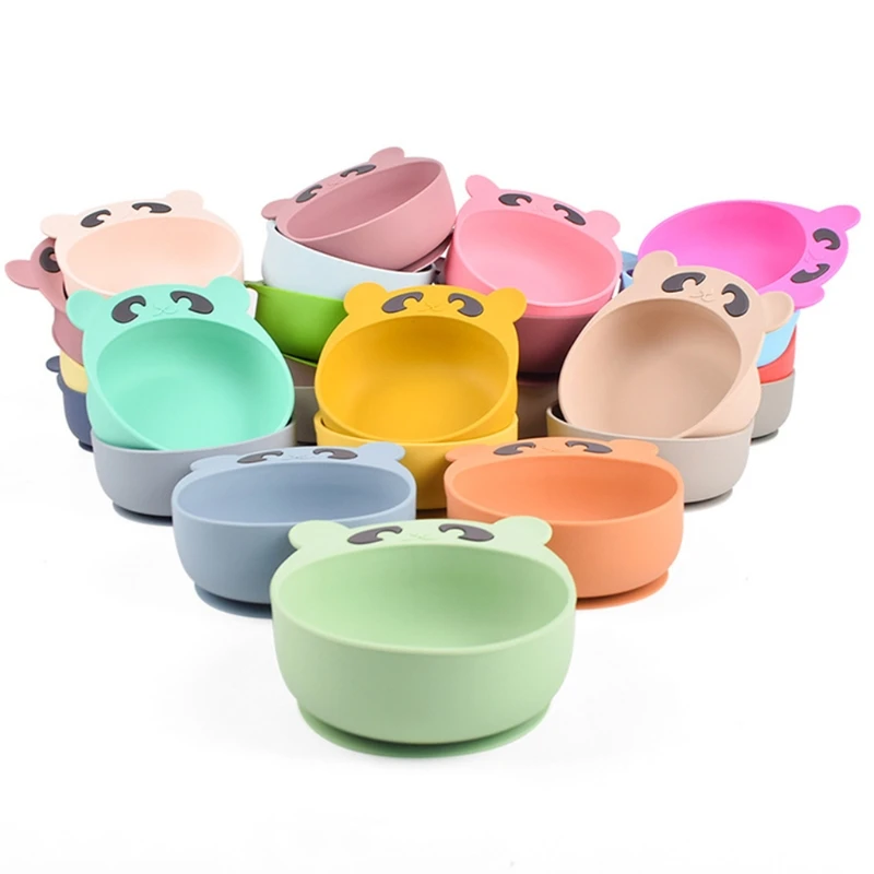 3 Pcs Baby Training Feeding Bowl Wooden Handle Spoon Fork Set Anti Slip Silicone Suction Dinner Plate Dish Utensil