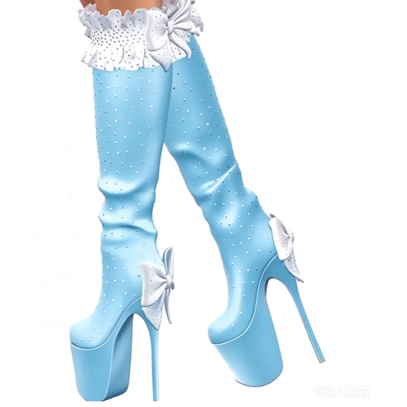 

Blue Rivet Bow Knot Boots Knee High Thin High Heel Round Toe Fashion Sexy Cool 2026 Summer Big Size Woman Shoes Zapatillas Mujer