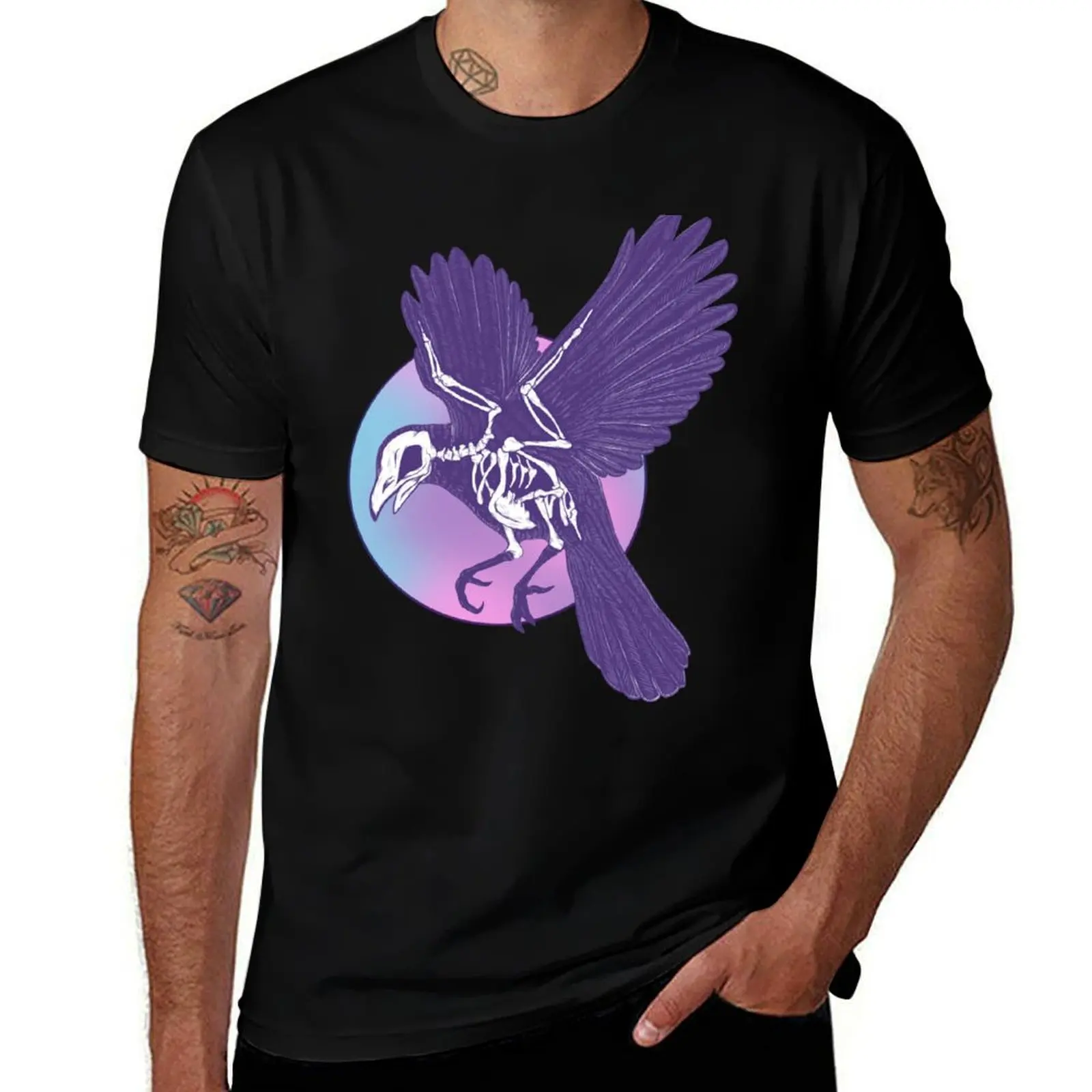 Crow skeleton and moon T-Shirt Soft Casual Short Sleeve Cotton Tee T-Shirt