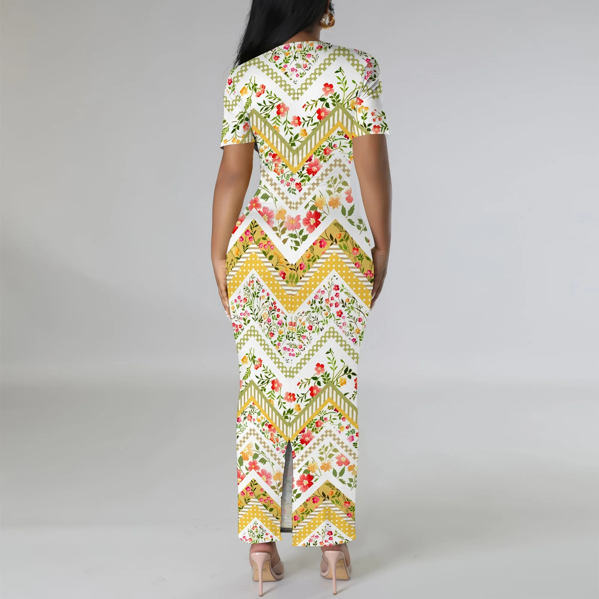 Nupusa ดอกไม้ Chevron พิมพ์ชุดผู้หญิงขนาดมาตรฐานฤดูร้อนสบายๆสแควร์คอแขนสั้น Maxi Dress