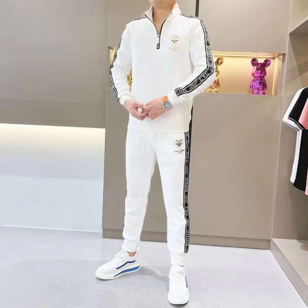 Elegant Men's Two-Piece Set with Stand Collar Heavyweight Trendy Business Casual Polyester Fiber Long Sleeve Long Pants