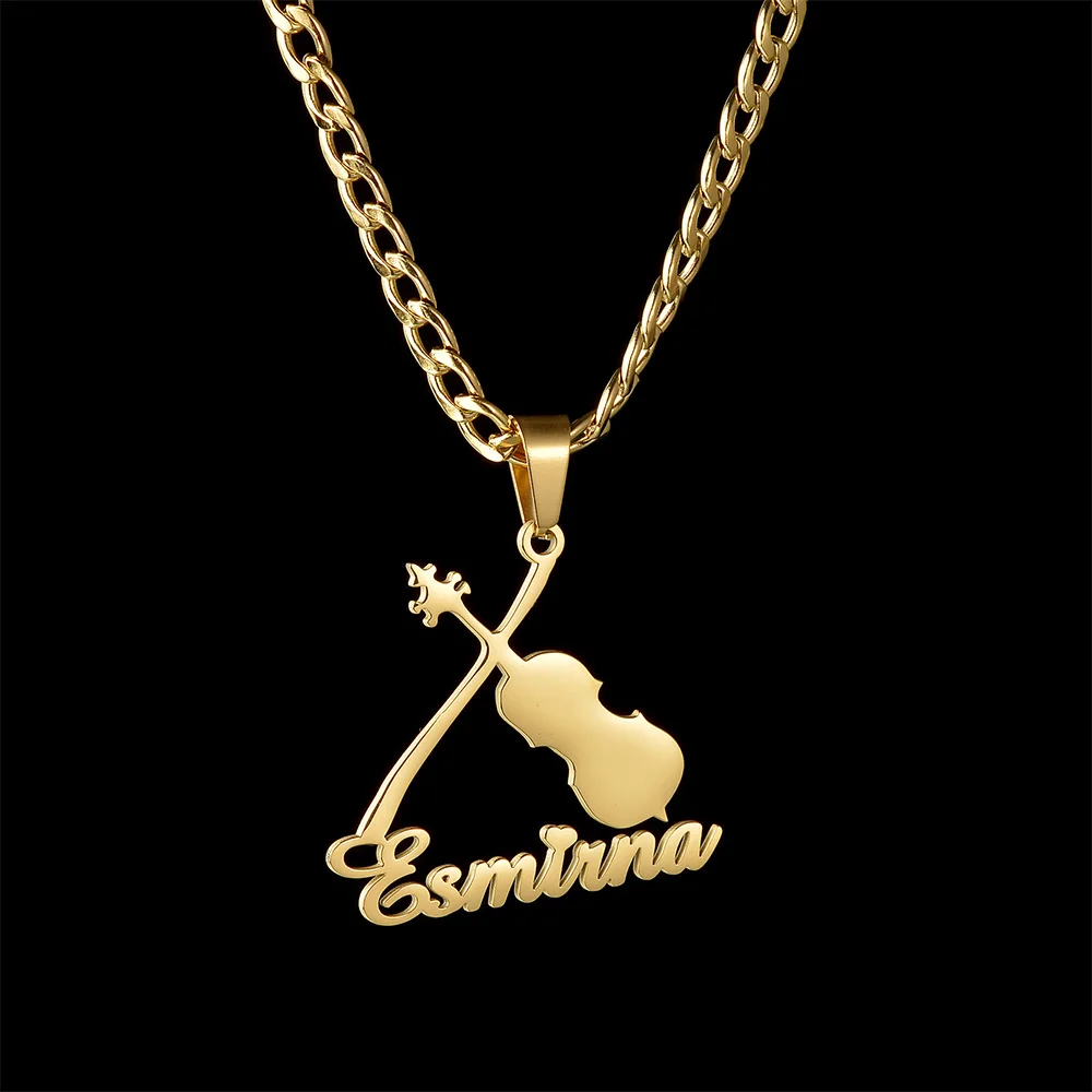 Diamon Fashion Personalized Custom Name Necklace Stainless Steel Instrument Violin Thick Chain Pendant for Women Jewelry Gift