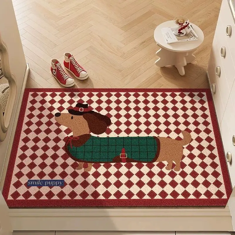 VIKAMA Red White Checkered Dachshund Dog Puppy Doormat Non Slip Entryway Rug Cute Animal Floor Mat Home Decor Soft Durable Cozy