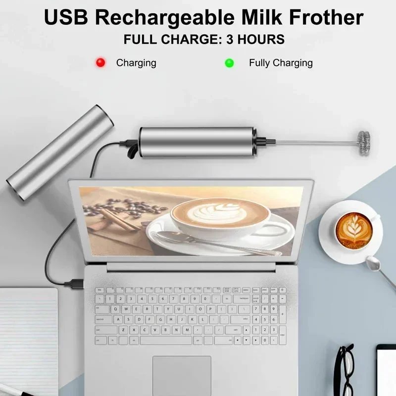 Stainless Steel Coffee Milk Foam Machine Cream Whippers Hand-held Electric Whisk Mini Wireless Blender, USB Port Kitchen Gadgets