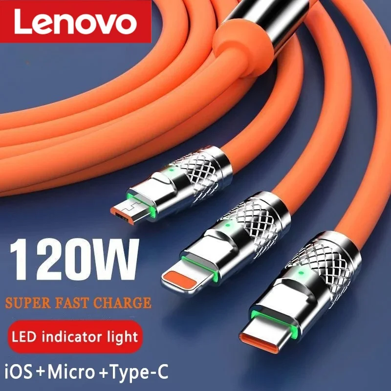 Lenovo 3 in 1 USB Cable 6A 120W Fast Charging Cable Micro USB Type C Charging Cable For iPhone 14 13 12 Huawei Xiaomi 13 Samsung