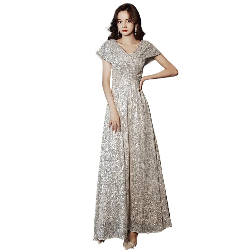 European and American Banquet Evening Dress2025new Champagne Color Sequin Temperament Queen Aura Socialite Host Dress Looks Slim