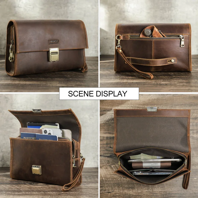 British Style Top Layer Cowhide Horse Skin Password Lock Large Capacity Handheld Genuine Leather Men Storage Bag Functional Bags