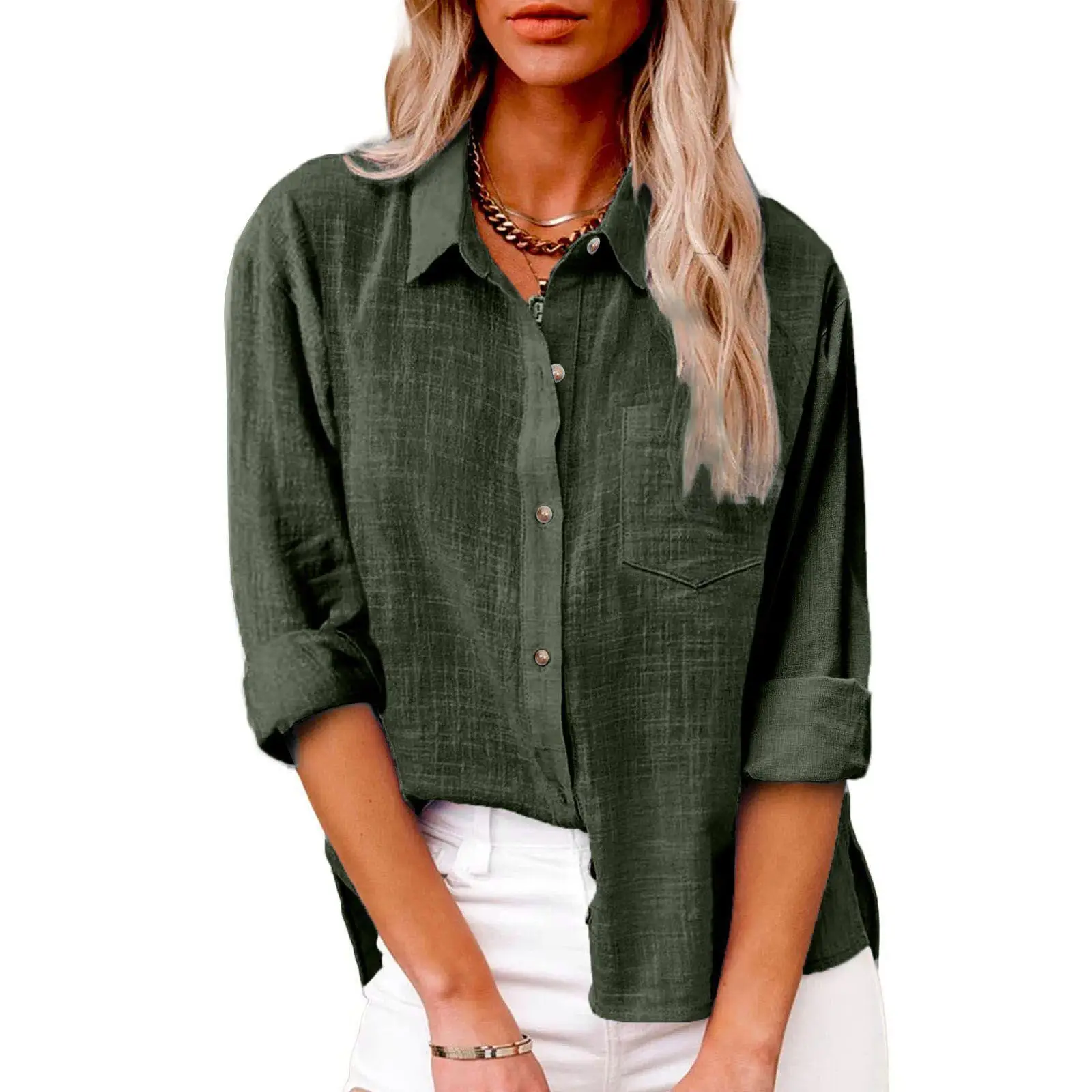 Womens Casual Lapel Cotton Linen Loose Shirt Vintage Harajuku Solid Blouse Elegant Long Sleeve Button Up Tops Office Lady Tunics