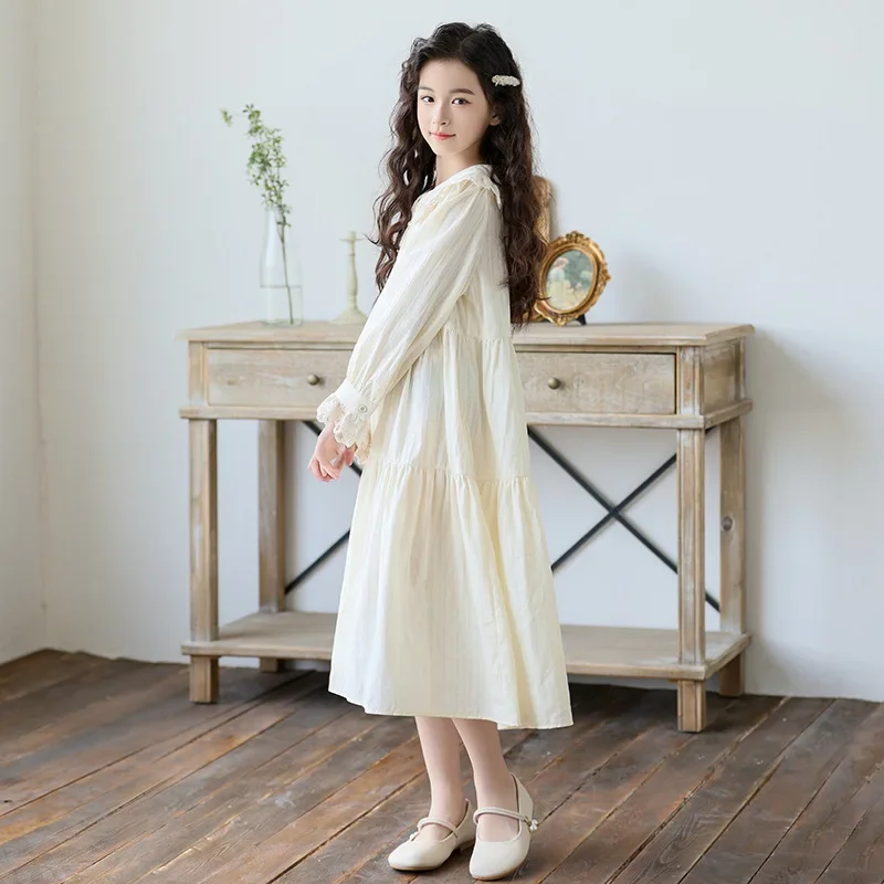 Spring Girls Princess Dress Beige Lace Neck Casual Long Dress for Kids Cotton Fashion Casual Loose Teen School Children Clothes