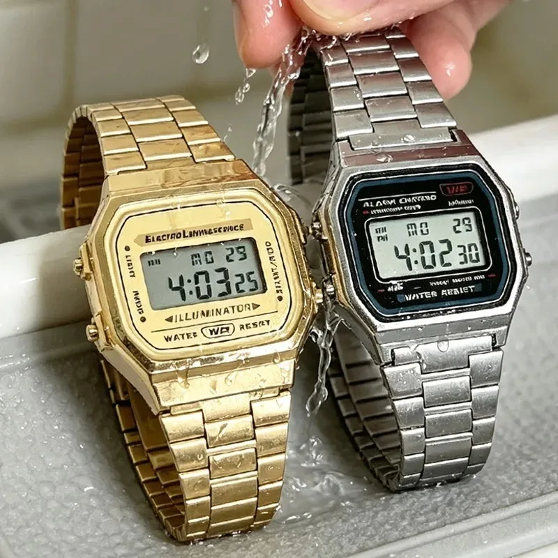 Immagine 3: Orologi di Lusso F91W con Cinturino in Acciaio, Orologio Digitale LED con Bracciale in Acciaio Inossidabile, Orologio Elettronico da Polso per Uomo e Donna