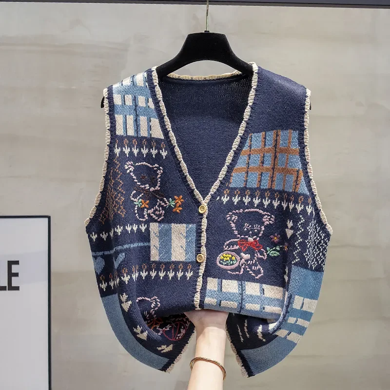 

Осенний винтажный вязаный жилет женский с v-образным вырезом в стиле Харадзюку в стиле пэчворк эстетический вязаный жилет Kawaii куртка без рукавов Y2k топы джемпер жилеты