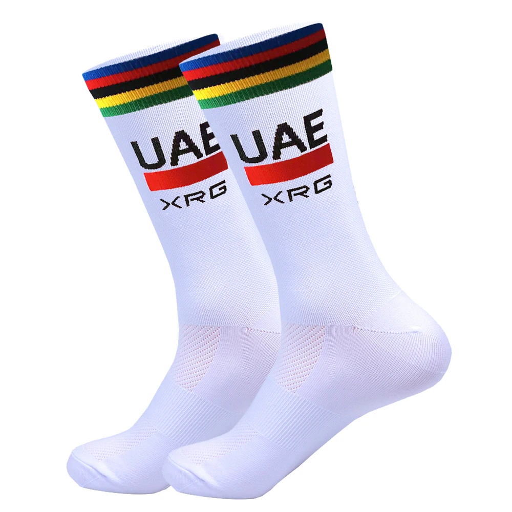 Weiße UAE-Radsocken, rot, TEAM, leichtes, großes Mesh-Design, MTB-Fahrradsocke, Unisex, für Erwachsene, Kompressionssocken, rutschfeste Laufsocken