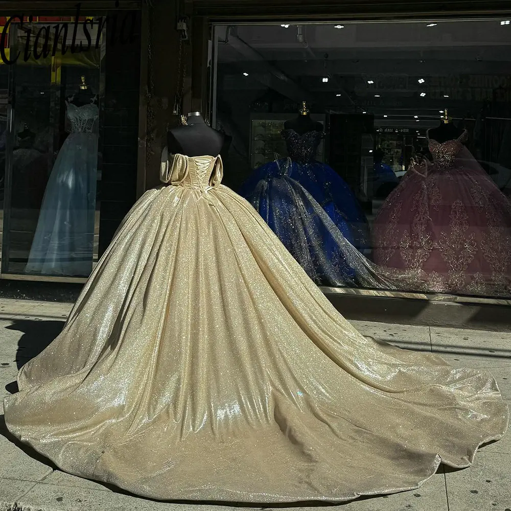 Cristal princesa vestido de baile, brilho dourado, vestidos Quinceanera, fora do espartilho ombro, 15 anos