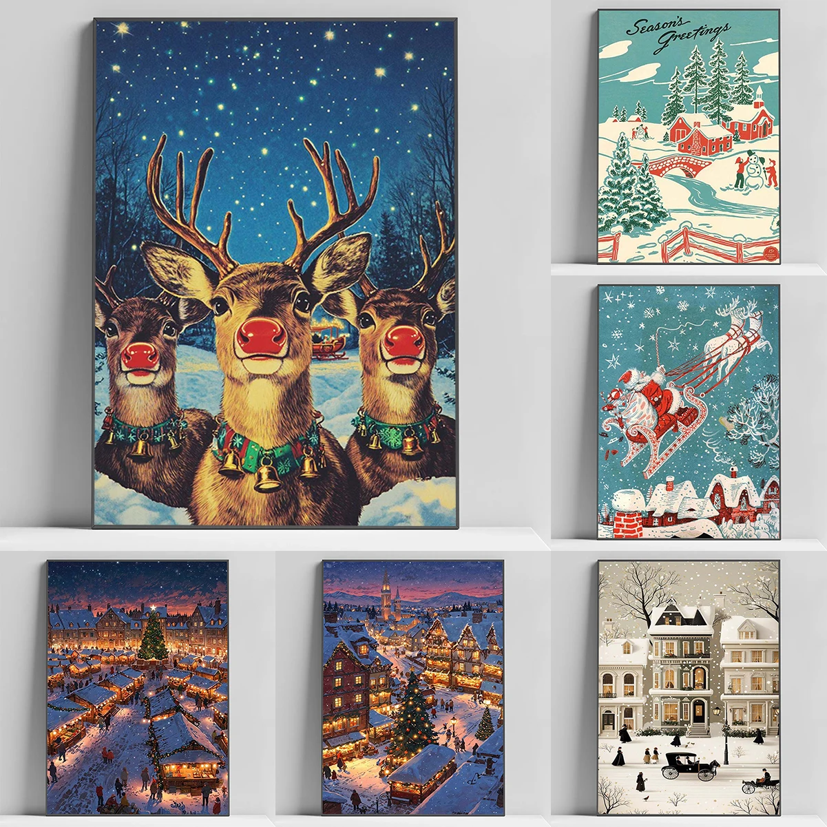 

Christmas Tree Santa Claus Snowman Reindeer Poster Prints Canvas Printing Wall Art Pictures for Holiday Living Room Home Decor