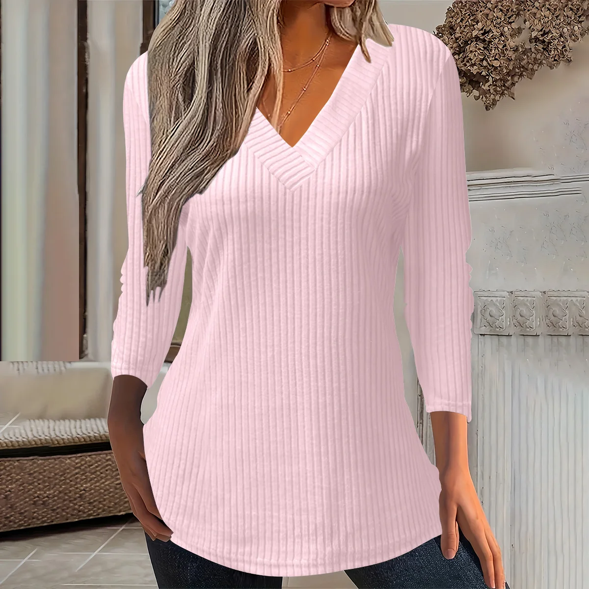 2026 Europese en Amerikaanse mode dames herfst- en winterseizoen Pitstrip T-shirts met V-hals